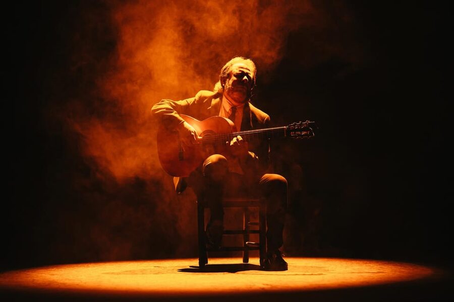 A dancer alone in the spotlight on a Seville stage, guitarist behind her